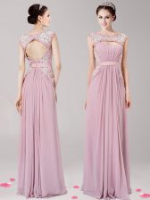  Floor Length Pink Prom Dress Scoop Sleeveless Zipper