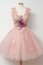  Appliques and Embroidery Prom Party Dress Pink Zipper Sleeveless Knee Length