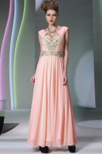  Pink Cap Sleeves Chiffon Side Zipper Prom Dress for Prom and Party