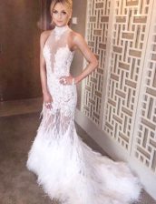  Mermaid White Sleeveless Tulle Court Train Backless Dress for Prom for Prom