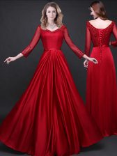Elegant Wine Red Empire Elastic Woven Satin Long Sleeves Appliques and Belt Floor Length Lace Up Prom Party Dress