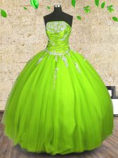  Ball Gowns Strapless Sleeveless Tulle Floor Length Zipper Appliques and Ruching 15 Quinceanera Dress