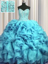 Excellent Visible Boning Bling-bling Aqua Blue Organza Lace Up Sweet 16 Dress Sleeveless With Brush Train Beading and Ruffles