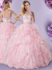  Floor Length Baby Pink Quinceanera Gowns Organza Sleeveless Beading and Ruffles