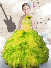  Yellow Green Sleeveless Floor Length Beading and Ruffles Lace Up Girls Pageant Dresses