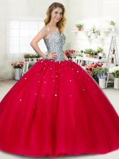  Floor Length Ball Gowns Sleeveless Red Quince Ball Gowns Lace Up