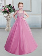  Organza Straps Sleeveless Lace Up Beading Girls Pageant Dresses in Rose Pink