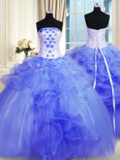  Pick Ups Blue Sleeveless Tulle Lace Up Ball Gown Prom Dress for Military Ball and Sweet 16 and Quinceanera