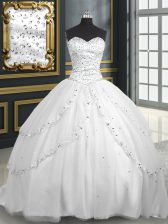 Graceful Sweetheart Sleeveless Sweet 16 Dress With Brush Train Beading and Appliques White Tulle