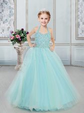 On Sale Halter Top Sleeveless Lace Up Floor Length Beading Child Pageant Dress