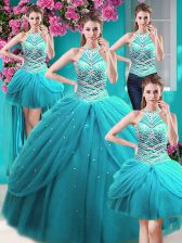 Cheap Four Piece Halter Top Sleeveless Beading and Pick Ups Lace Up Quinceanera Gown