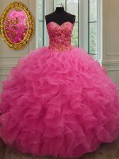 Modern Hot Pink Sweetheart Neckline Beading and Ruffles Quinceanera Dress Sleeveless Lace Up