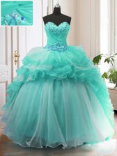 Superior Turquoise 15th Birthday Dress Military Ball and Sweet 16 and Quinceanera with Beading and Ruffles Sweetheart Sleeveless Sweep Train Lace Up