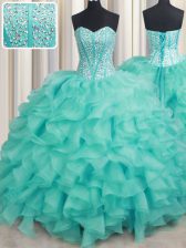 Designer Sleeveless Organza Lace Up Quinceanera Gown in Turquoise with Beading and Ruffles