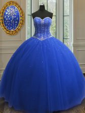 New Arrival Royal Blue Sleeveless Floor Length Beading and Sequins Lace Up Quinceanera Dress