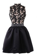  Black Backless High-neck Beading and Appliques Prom Party Dress Satin Sleeveless