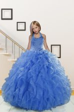  Organza Halter Top Sleeveless Lace Up Beading and Ruffles Little Girls Pageant Dress in Blue