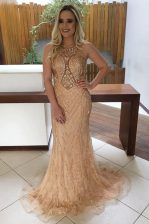  Mermaid Scoop Champagne Sleeveless Lace Sweep Train Backless Prom Dresses for Prom