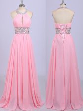 Fancy Rose Pink Prom Party Dress Prom with Beading and Belt Halter Top Sleeveless Zipper
