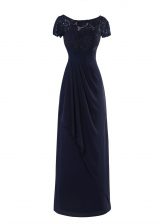  Scoop Floor Length Navy Blue Chiffon Short Sleeves Lace and Ruching