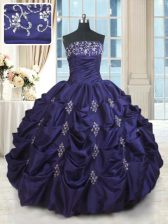  Taffeta Strapless Sleeveless Lace Up Beading and Appliques and Embroidery and Pick Ups 15th Birthday Dress in Purple