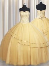 Modest Visible Boning Big Puffy Gold Organza Lace Up Sweetheart Sleeveless Floor Length Quince Ball Gowns Beading and Ruching