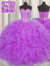 Lovely Visible Boning Organza Sweetheart Sleeveless Lace Up Beading and Ruffles and Sashes ribbons Vestidos de Quinceanera in Lilac