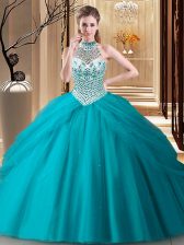 On Sale Teal Ball Gowns Tulle Halter Top Sleeveless Beading and Pick Ups Lace Up Quinceanera Dress Brush Train