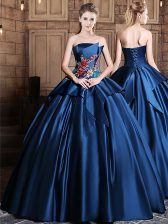  Navy Blue Ball Gowns Appliques Quinceanera Dress Lace Up Satin Sleeveless Floor Length