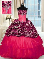  Red Organza and Printed Lace Up Ball Gown Prom Dress Sleeveless Sweep Train Beading and Ruffled Layers
