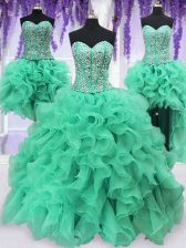 Adorable Four Piece Ruffles and Sequins Sweet 16 Dress Turquoise Lace Up Sleeveless Floor Length