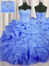 Modern Sleeveless Organza Floor Length Lace Up Quince Ball Gowns in Blue with Beading and Ruffles and Ruching and Pick Ups