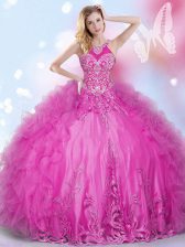  Halter Top Hot Pink Sleeveless Beading and Appliques and Ruffles Floor Length Quince Ball Gowns