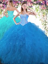 Low Price Sleeveless Tulle Floor Length Lace Up Quince Ball Gowns in Blue with Beading