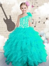  Aqua Blue Little Girls Pageant Gowns Party and Wedding Party with Embroidery and Ruffles and Hand Made Flower One Shoulder Sleeveless Lace Up