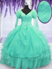 High Quality Turquoise Ball Gowns V-neck Long Sleeves Organza Floor Length Lace Up Beading and Embroidery and Hand Made Flower Quinceanera Dresses
