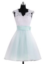  Blue And White Sleeveless Lace and Sashes ribbons Mini Length Homecoming Dress