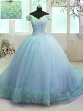  Off The Shoulder Sleeveless Organza 15th Birthday Dress Hand Made Flower Court Train Lace Up