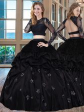 Simple Scoop Floor Length Two Pieces Long Sleeves Black Quinceanera Dresses Backless