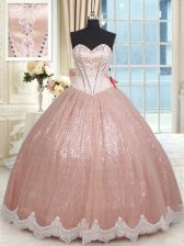  Tulle Sweetheart Sleeveless Lace Up Beading and Lace and Bowknot Quinceanera Dress in Peach