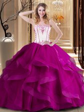  Fuchsia Tulle Lace Up Sweet 16 Dresses Sleeveless Floor Length Embroidery