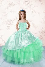 Top Selling Ruffled Floor Length Apple Green Little Girl Pageant Dress Spaghetti Straps Sleeveless Lace Up