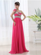 High End One Shoulder Hot Pink Chiffon Side Zipper Prom Gown Cap Sleeves With Brush Train Beading and Ruching