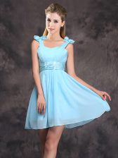 Attractive Straps Baby Blue Sleeveless Ruching and Bowknot Mini Length Quinceanera Court Dresses