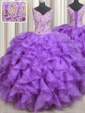  Purple Quince Ball Gowns Military Ball and Sweet 16 and Quinceanera with Beading and Appliques and Ruffles Sweetheart Sleeveless Lace Up