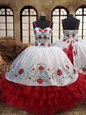 On Sale White and Red Lace Up Kids Pageant Dress Embroidery and Ruffled Layers Sleeveless Floor Length