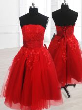 Nice Knee Length Red Prom Evening Gown Strapless Sleeveless Lace Up