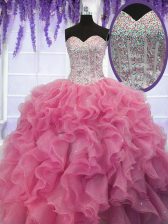 Most Popular Organza Sweetheart Sleeveless Lace Up Ruffles and Sequins 15 Quinceanera Dress in Rose Pink