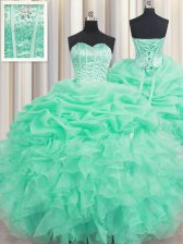  Beading and Ruffles and Pick Ups Ball Gown Prom Dress Apple Green Lace Up Sleeveless Floor Length