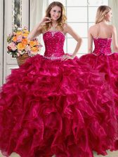  Strapless Sleeveless Quinceanera Gowns Floor Length Beading and Ruffles Fuchsia Organza